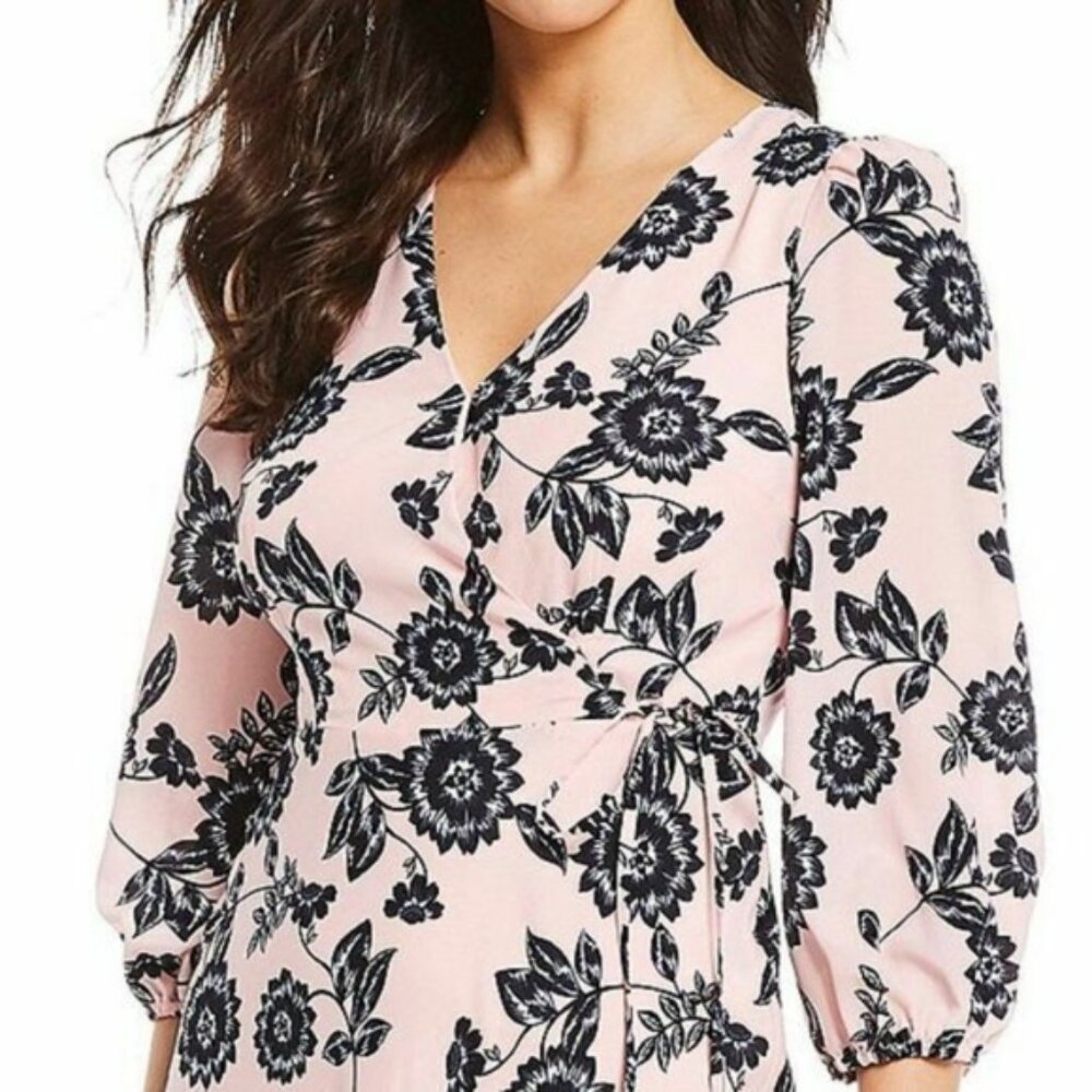 NWT Eliza J Womens Size 12 Pink Navy Floral Faux Wrap Long Sleeve Midi Dress NEW - Picture 2 of 8